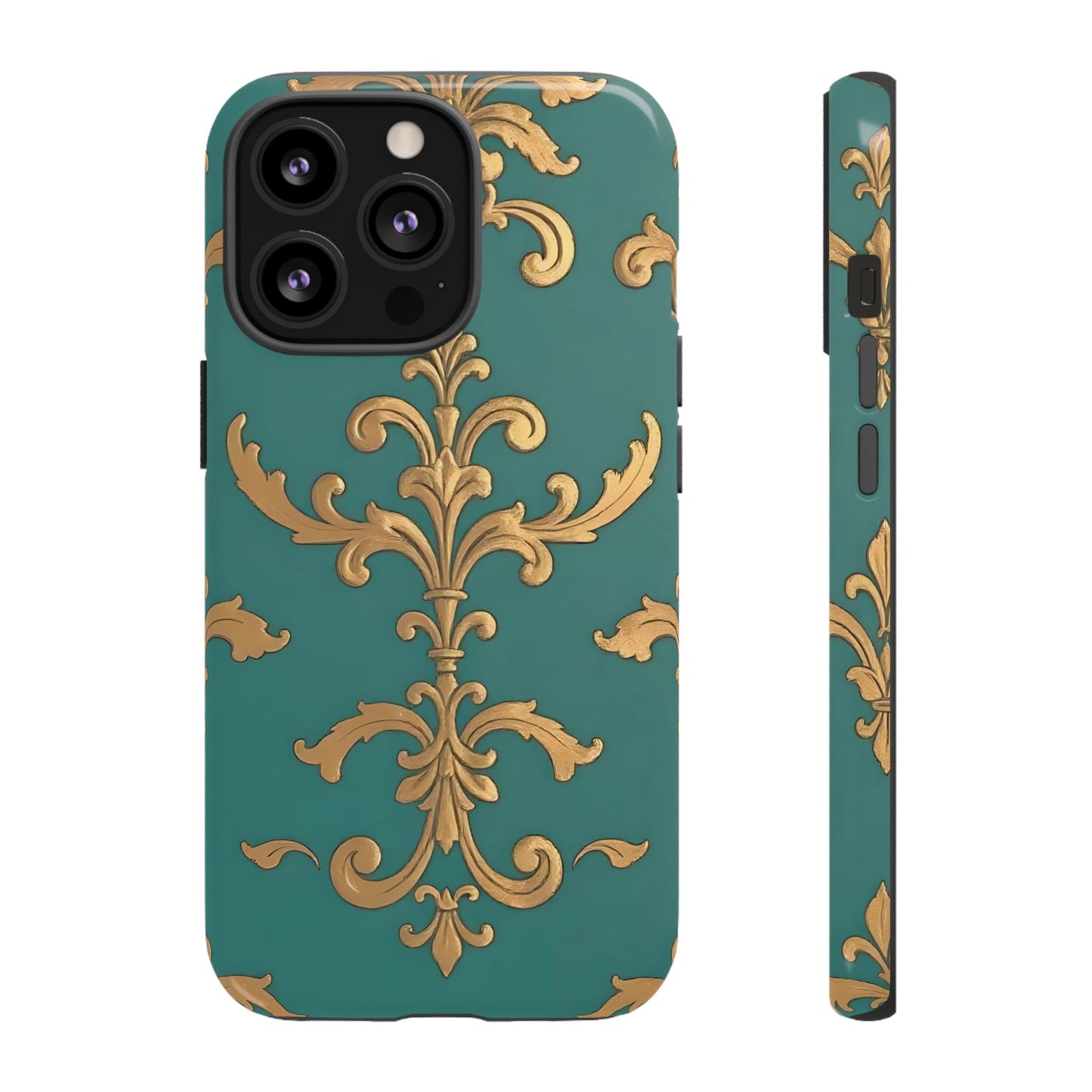 Elegant Floral Motif Phone Case - Tough Cases with Vintage Design - Aqua & Gold Damask
