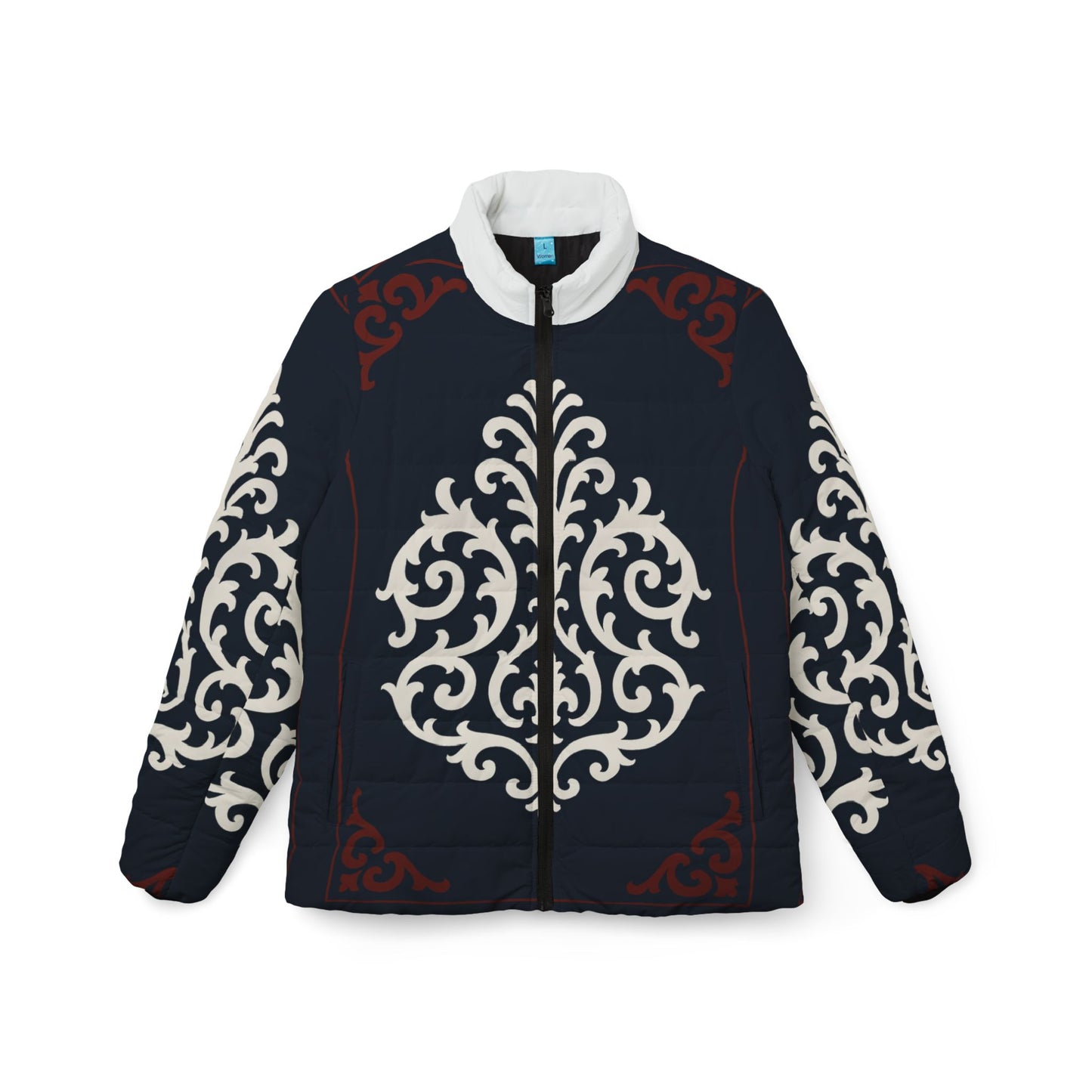 Dusk Blue & Maroon-White Baroque Women’s Puffer Jacket — Elegant Baroque Winter Coat