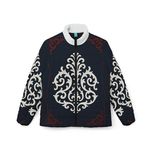 Dusk Blue & Maroon-White Baroque Women’s Puffer Jacket — Elegant Baroque Winter Coat