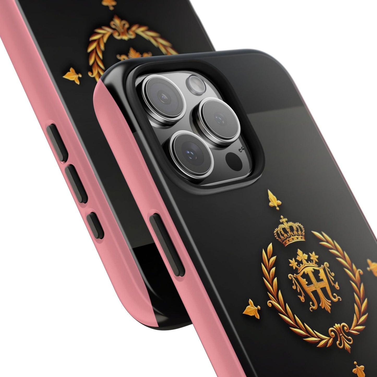 Tough Phone Case with Regal Design - Elegant Phone Protection, Gift for Him/Her, Royalty Inspired - Pink Striped Gold Crest