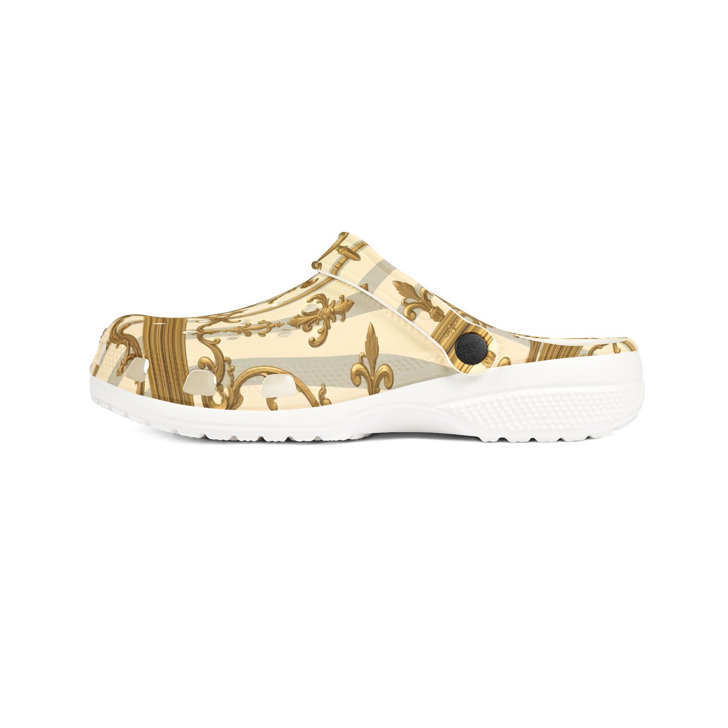 Elegant AOP EVA Foam Rubber Shoes for Home, Indoor Use, Garden, Stylish Comfort Footwear - Matte Gray & Cream Striped Gold Baroque