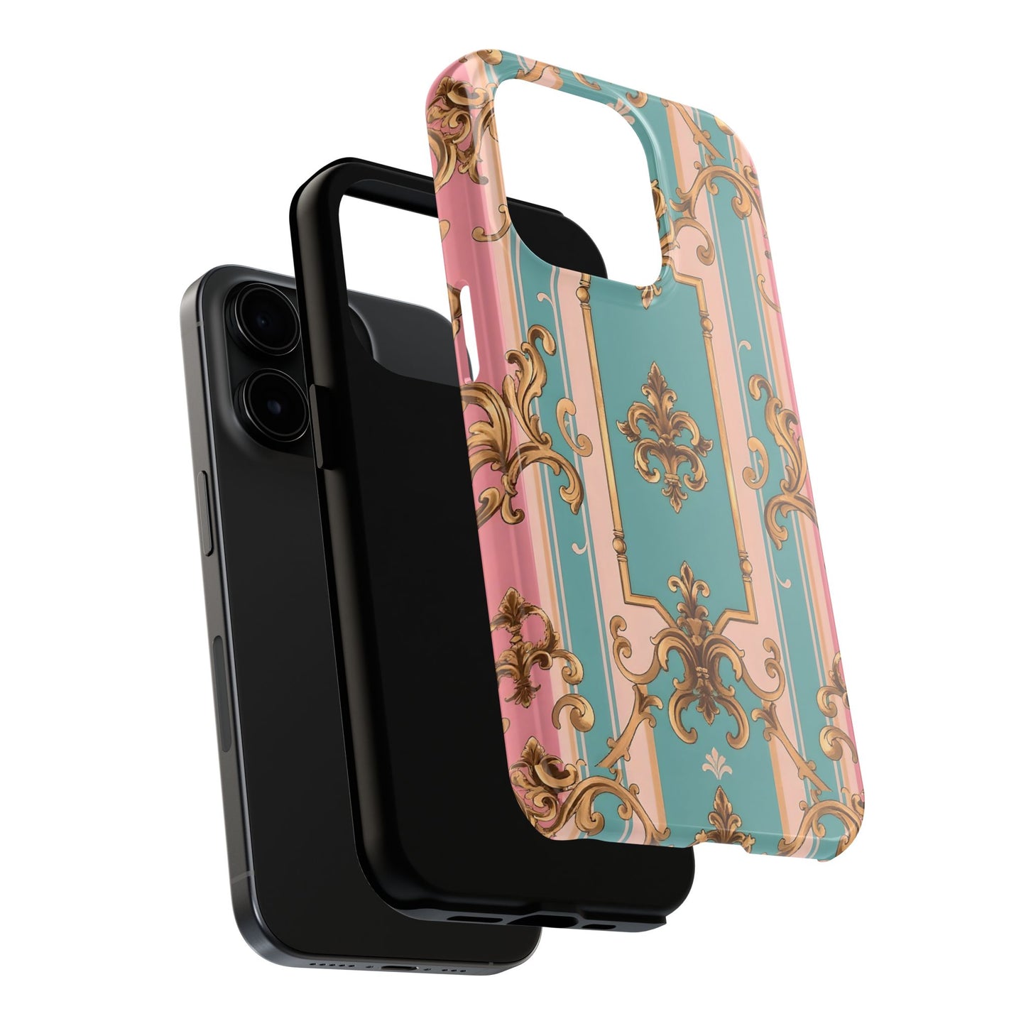 Elegant Floral Tough Phone Case, Artistic Phone Cover, Gift for Her, Chic Phone Accessory - Pink & Matte Turquoise Striped Rococo