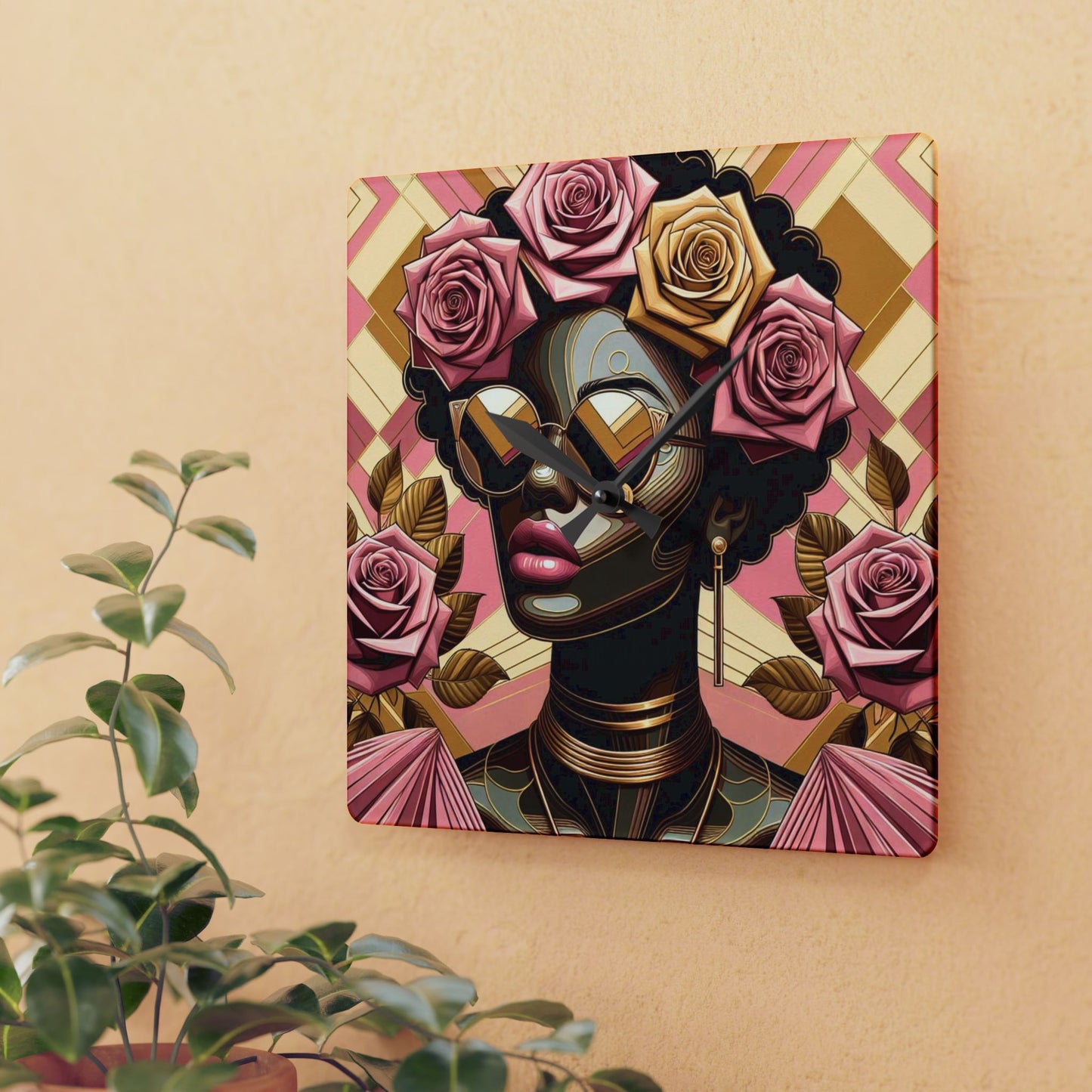 Elegant Afro Woman Acrylic Wall Clock with Floral Design, Boho Home Decor, Unique Wall Art, Gift for Her - Pink Roses Lady