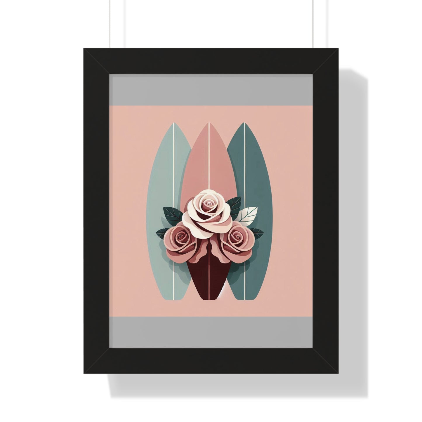 Vertical Poster - Burgundy, Matte Mauve & Teal Surfboard & Roses Wall Art