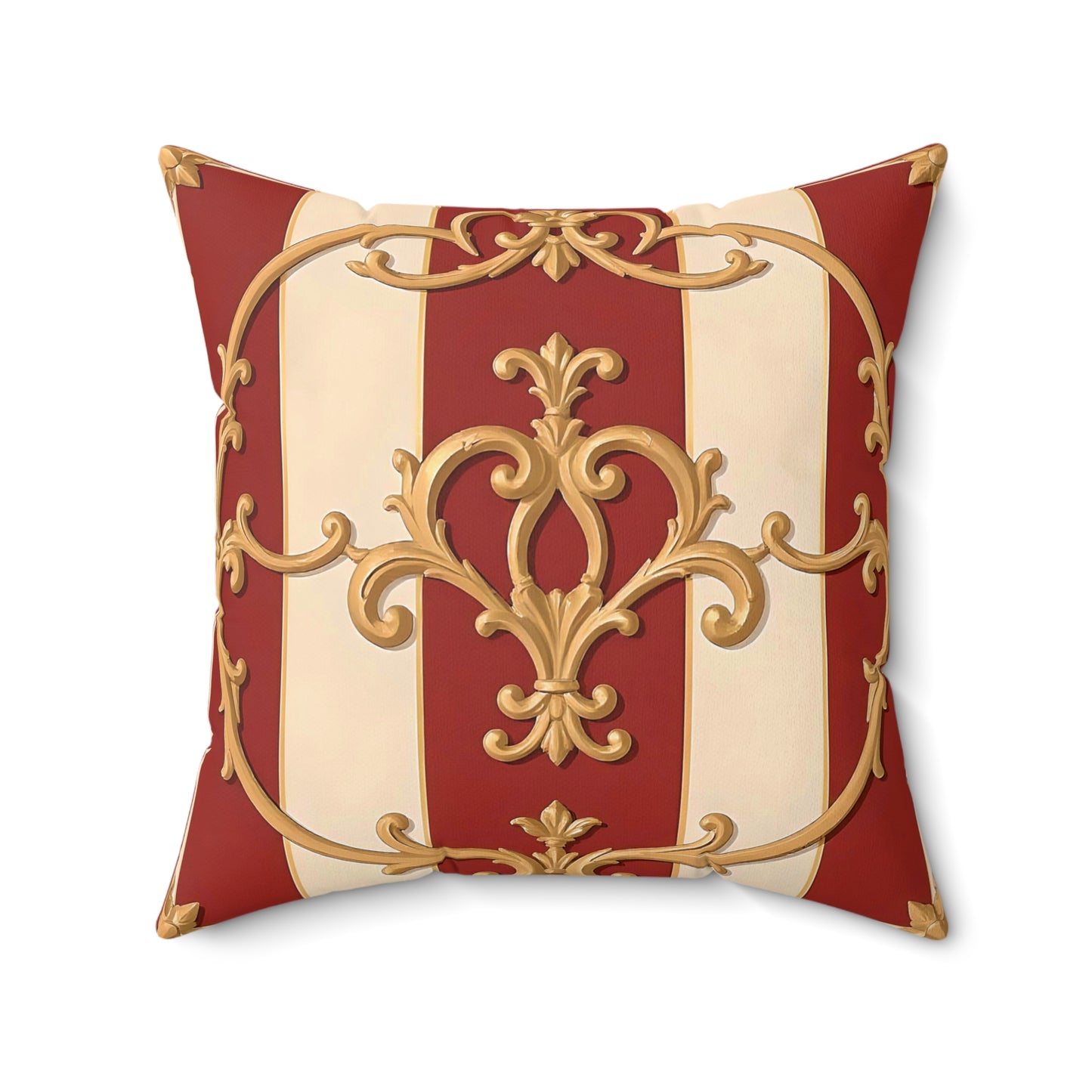 Elegant Vintage-Inspired Square Pillow with Gold Ornate Design - Alabaster & Dusk Orange Striped Baroque