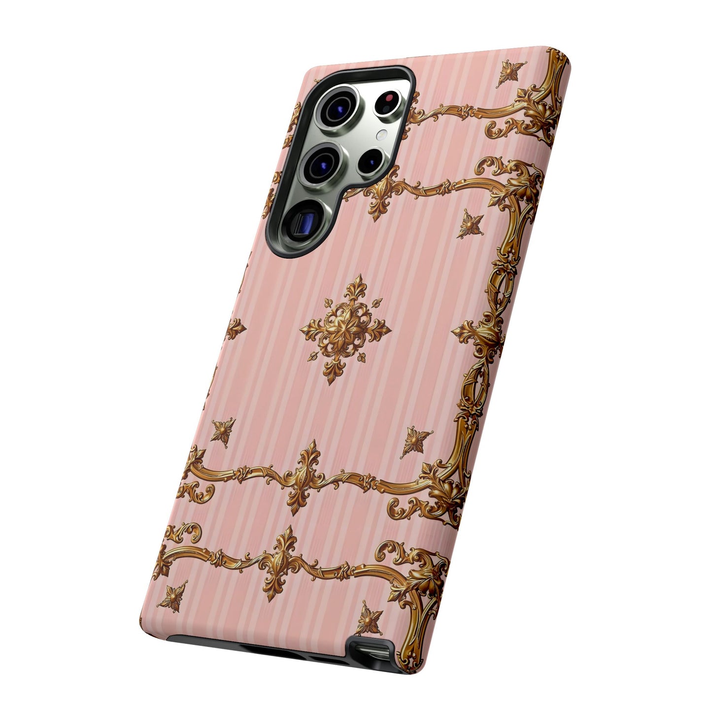 Elegant Floral Phone Case, Tough Cases for Women, Trendy Phone Cover, Chic Gift - Pink Striped Gold Baroque
