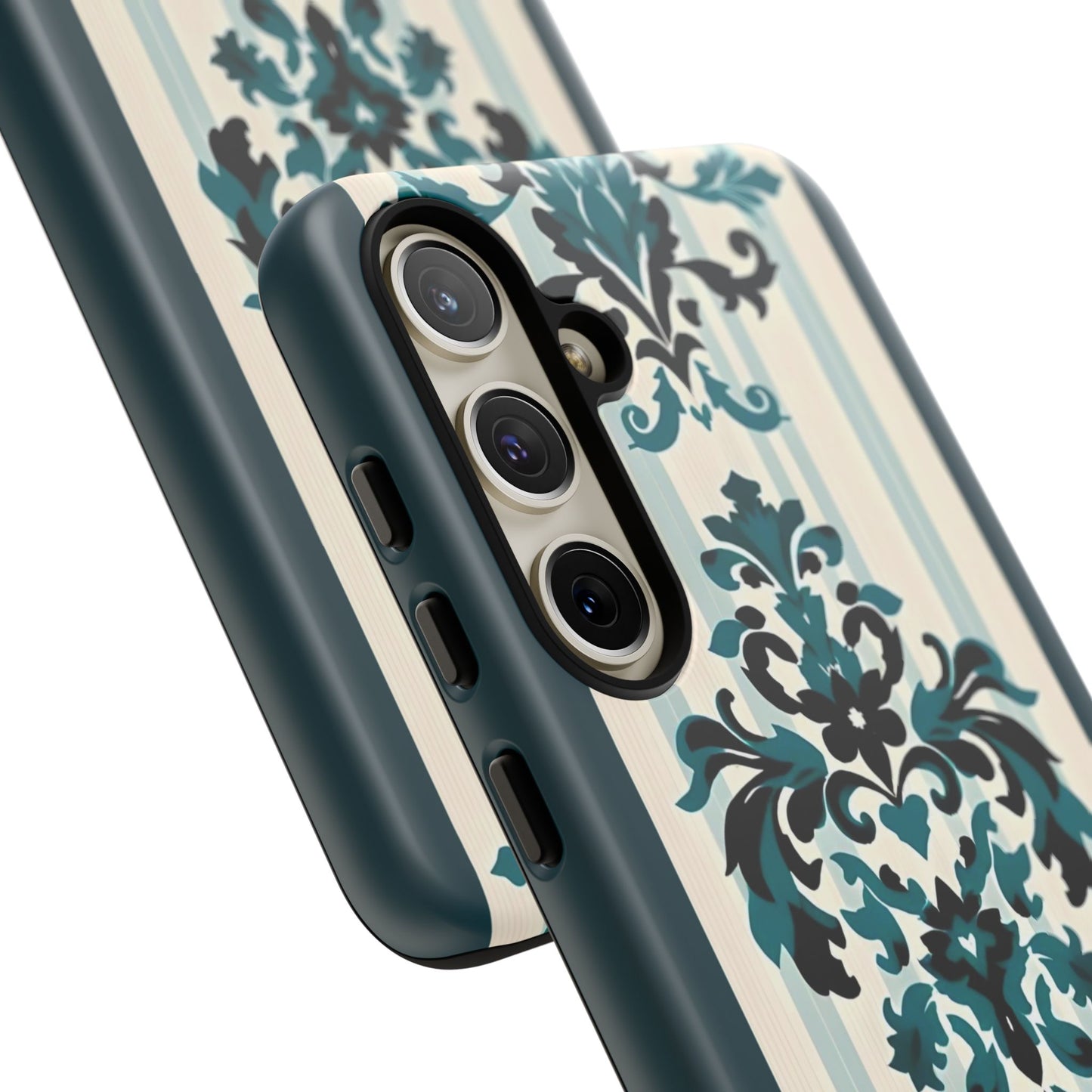Elegant Floral Phone Case - Tough Cases with Vintage Design - Teal Striped Damask