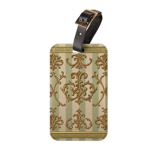 Elegant Vintage Luggage Tag - Travel Accessory, Personalized Baggage Tag, Gift for Travelers - Mint & Beige Striped Gold Baroque