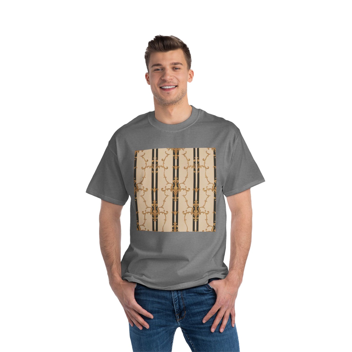 Stylish Graphic Tee for Casual Wear, Fashionable Short-Sleeve Shirt, Unique Summer Top - Black & Beige Striped Damask