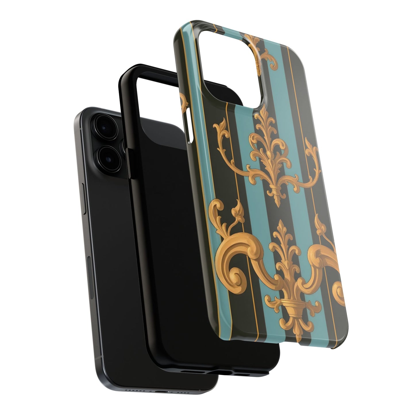Elegant Baroque Tough Phone Case, Stylish Phone Cover, Durable iPhone Case, Unique Gift - Black & Turquoise Striped Baroque