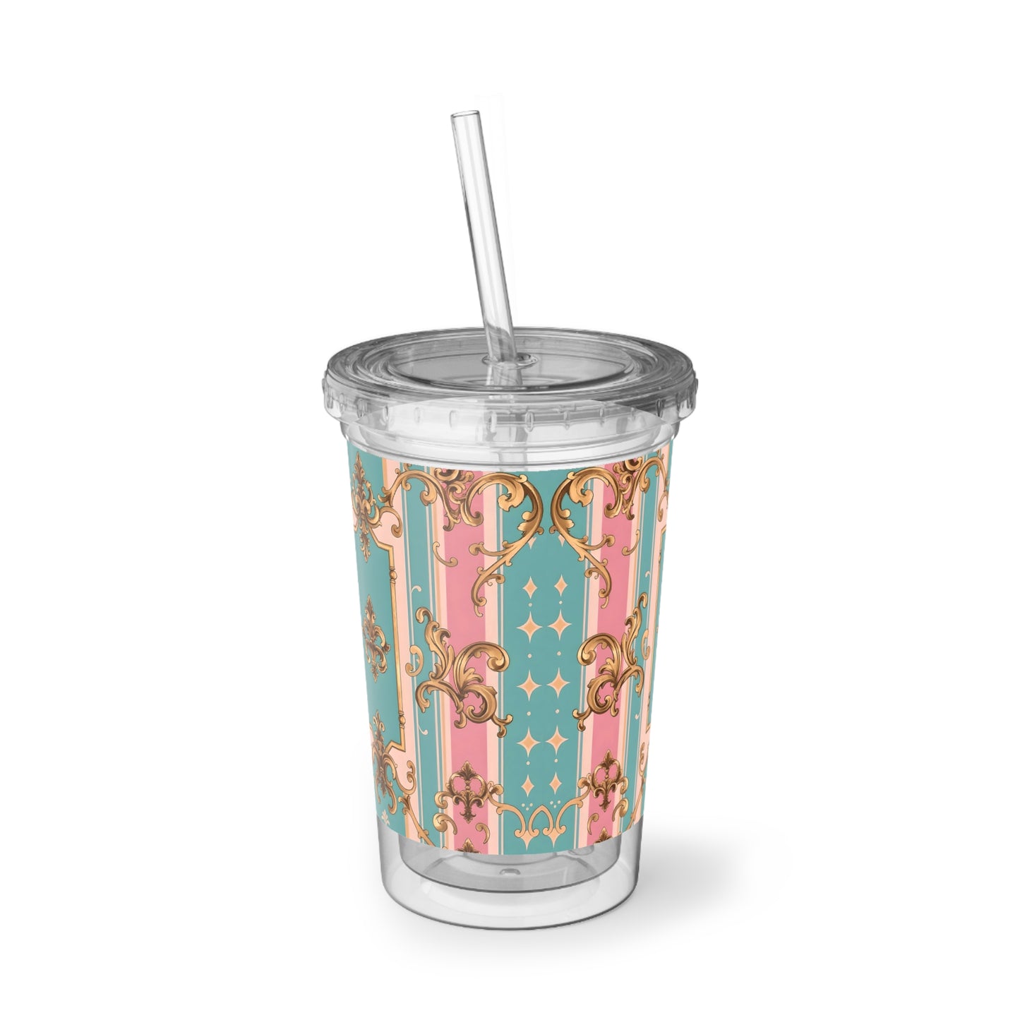 Chic Acrylic Cup, Stylish Drink Tumbler, Elegant Travel Mug, Unique Gift for Her, Floral Party Cup - Pink & Matte Turquoise Striped Rococo