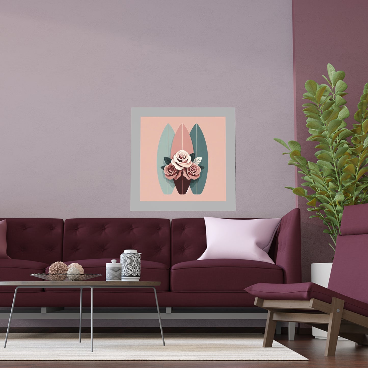Elegant Floral Silk Poster - Indoor/Outdoor Wall Art for Home Decor - Burgundy, Matte Mauve & Teal Surfboard & Roses