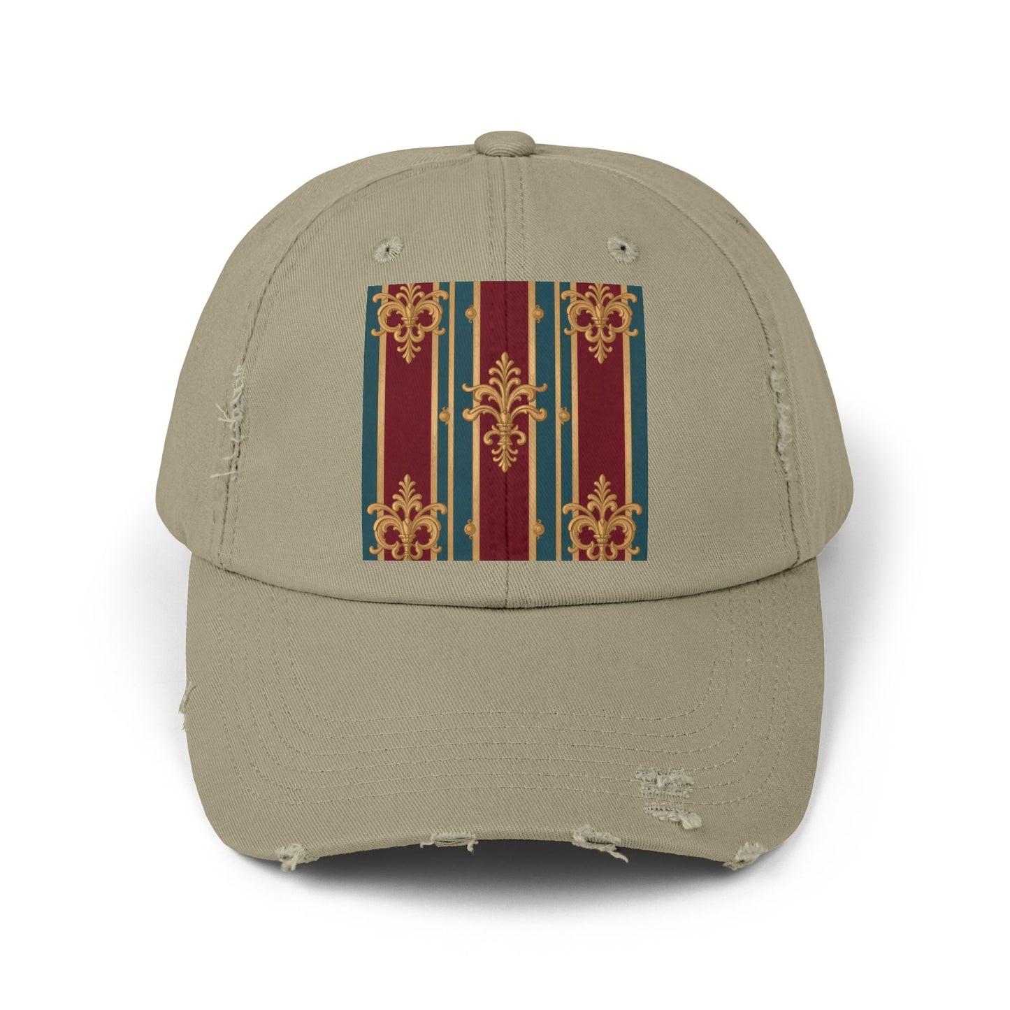 Stylish Unisex Distressed Cap with Vintage Striped Design, Casual Wear, Outdoor Activities, Gift for Him/Her - Burgundy Striped Gold Baroque