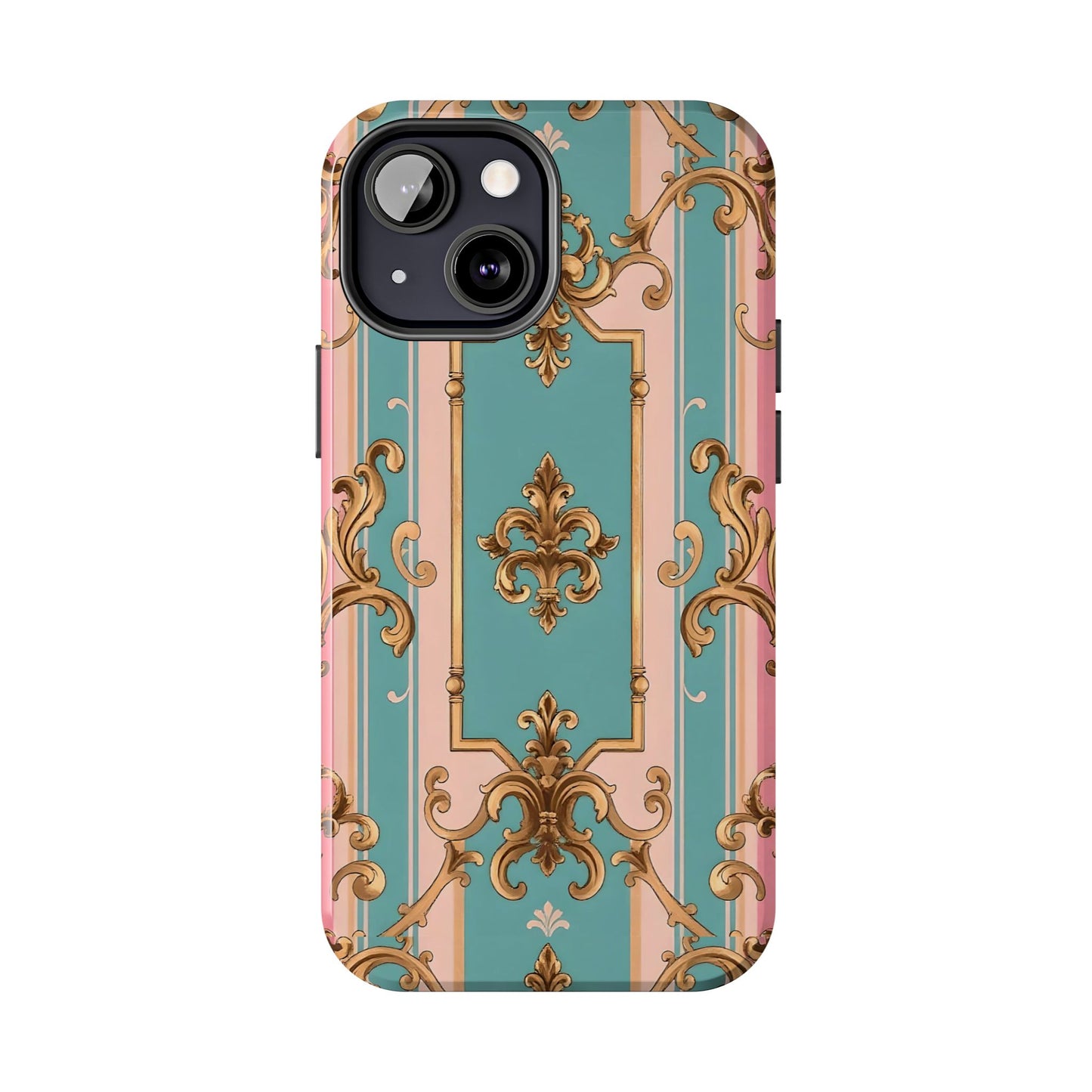 Elegant Floral Tough Phone Case, Artistic Phone Cover, Gift for Her, Chic Phone Accessory - Pink & Matte Turquoise Striped Rococo