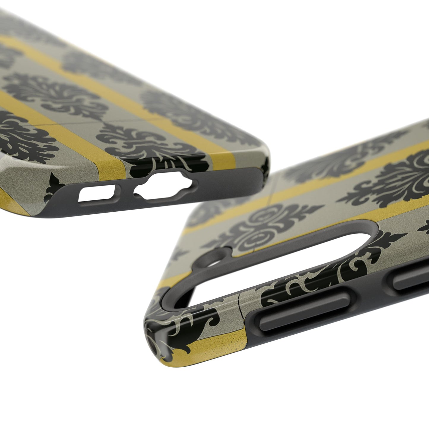 Elegant Baroque Tough Phone Cases | Chic Phone Protection | Gift for Her | Stylish Accessory | Holiday Gift Idea | Silver & Gold Striped Black Baroque