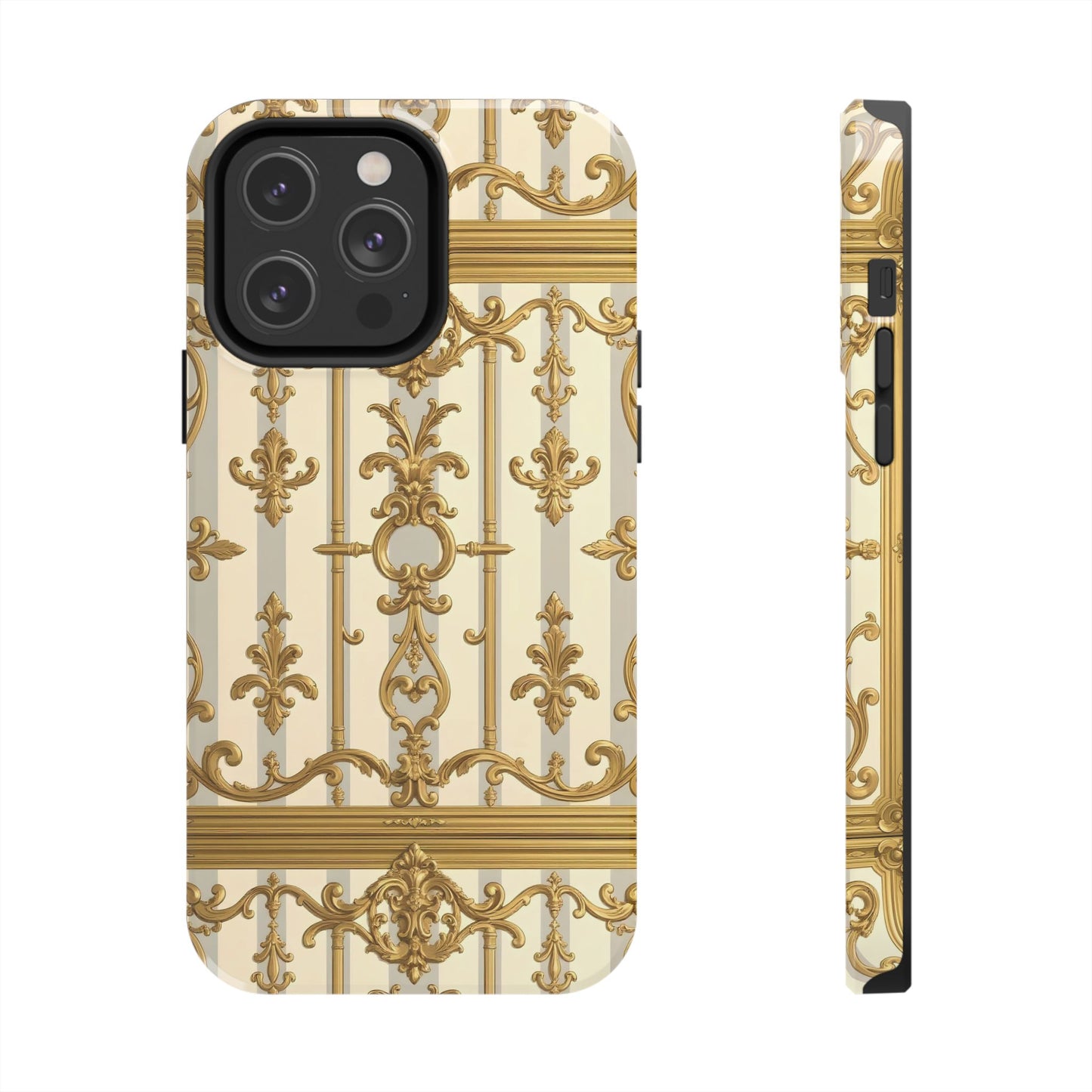 Elegant Gold Pattern Tough Phone Cases | Stylish Phone Covers, Trendy Cell Phone Accessories - Matte Gray & Cream Striped Gold Baroque