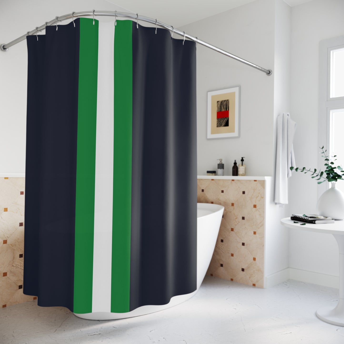 Lunar Midnight & Green-White Striped Modern Striped Shower Curtain, Chic Bathroom Decor, Fresh Stripe Design, Minimalist Home Grooming