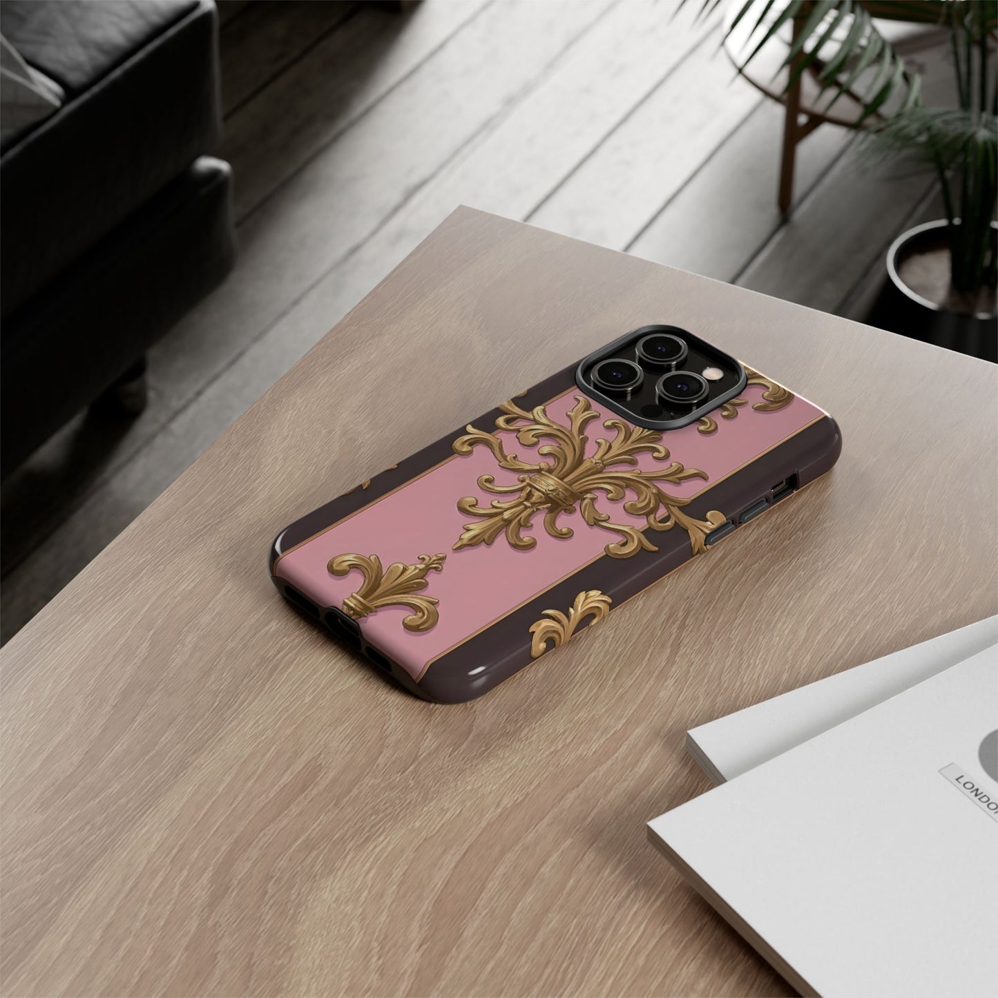 Elegant Floral Motif Phone Case - Tough Cases with Vintage Design - Pink & Brown Striped Gold Damask