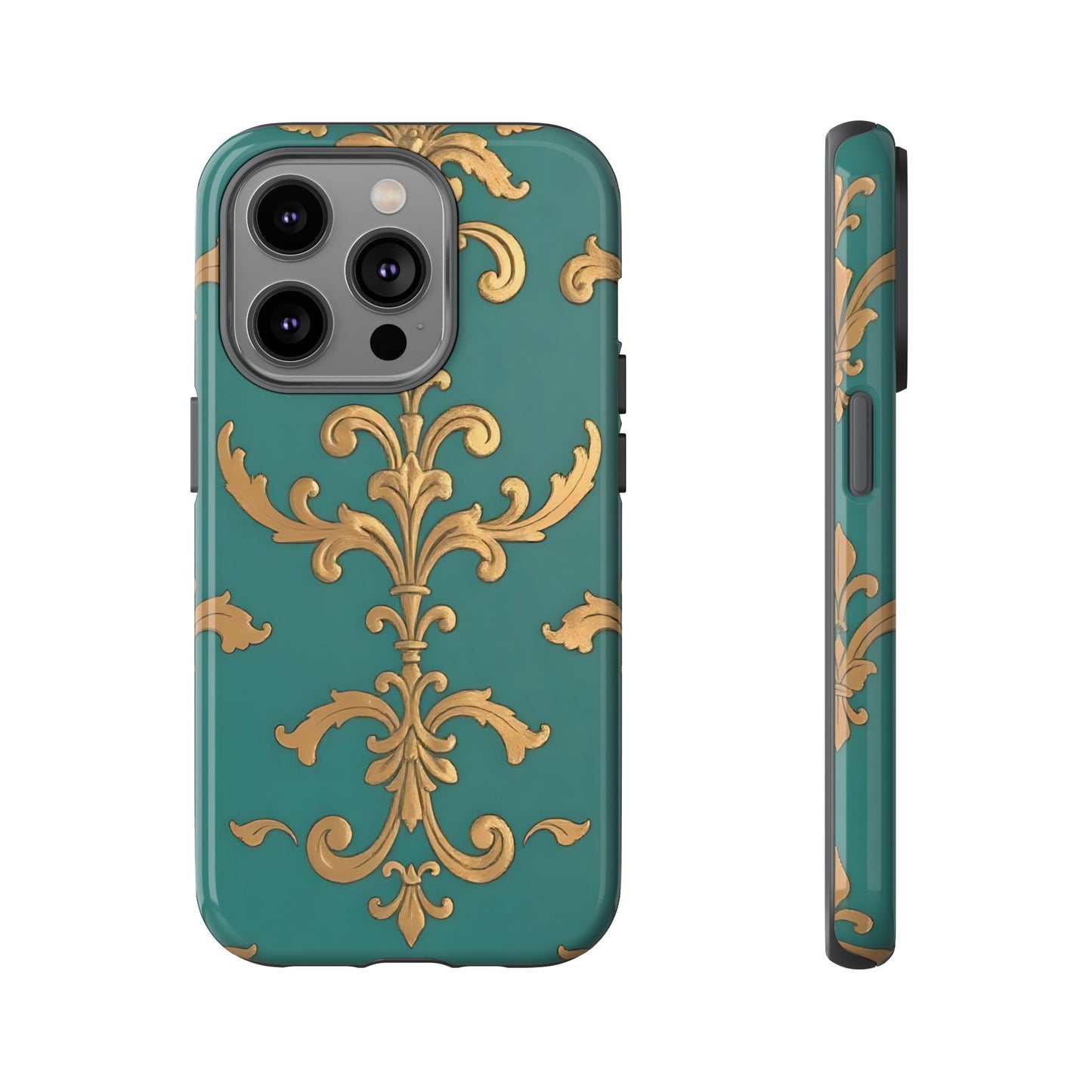 Elegant Floral Motif Phone Case - Tough Cases with Vintage Design - Aqua & Gold Damask