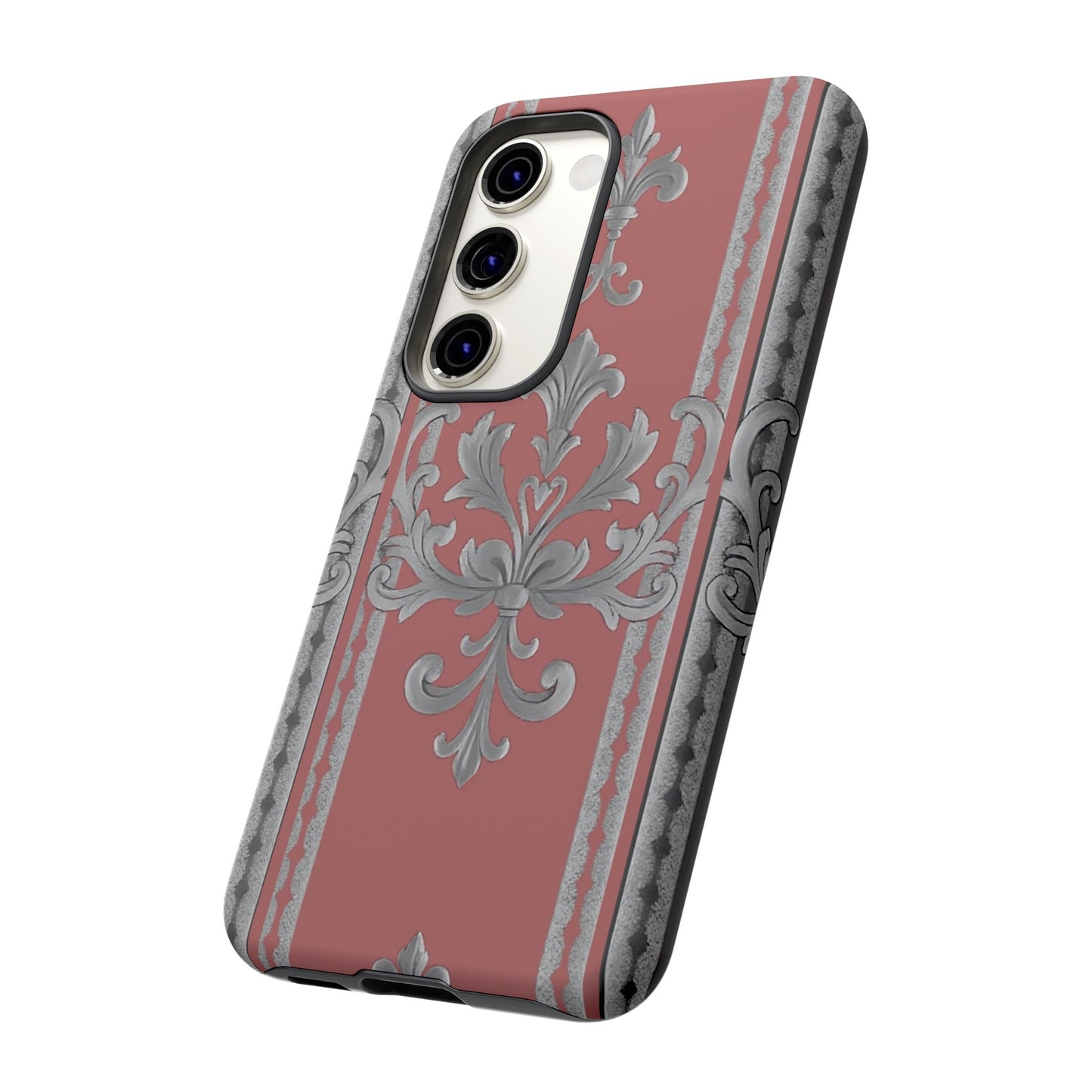 Elegant Floral Phone Case - Tough Cases for Stylish Protection - Gray & Mauve Striped Baroque