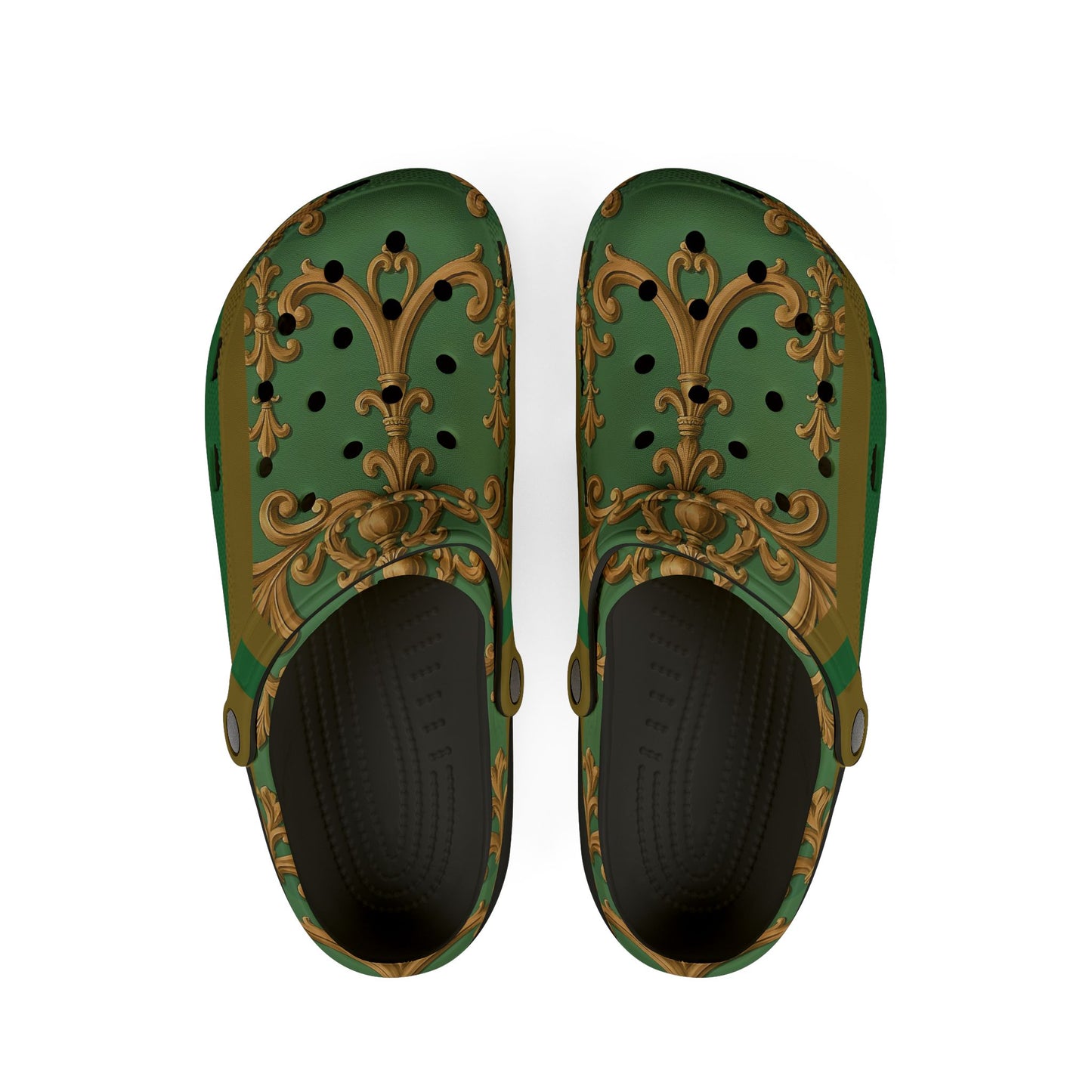 Elegant Green Patterned EVA Foam Clogs, Stylish Footwear, Comfortable House Shoes, Garden Mules - Olive Green Striped Rococo