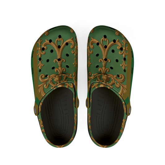 Elegant Green Patterned EVA Foam Clogs, Stylish Footwear, Comfortable House Shoes, Garden Mules - Olive Green Striped Rococo