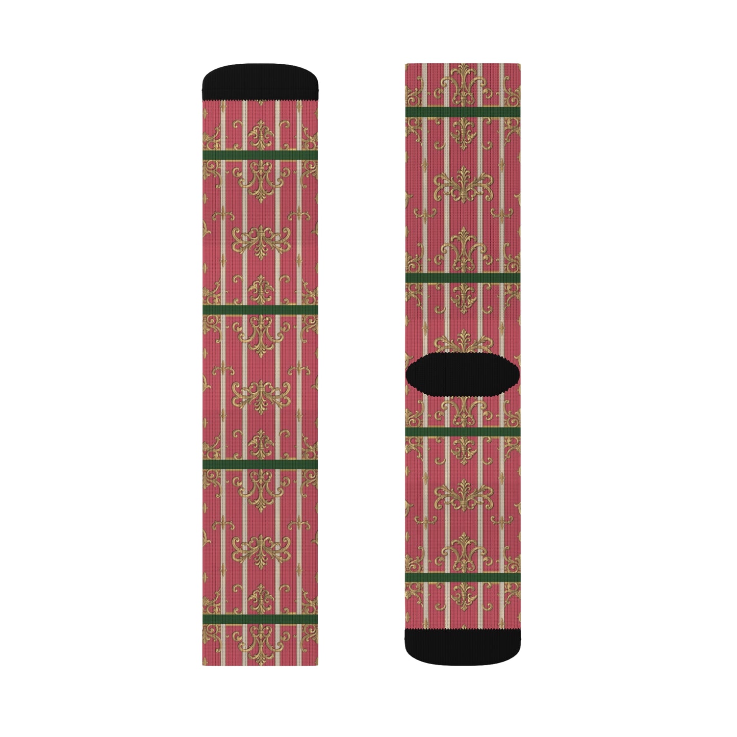 Green Border Pink Striped Baroque Socks, Holiday Gift Socks, Cozy Winter Socks, Christmas Socks, Unique Sublimated Socks