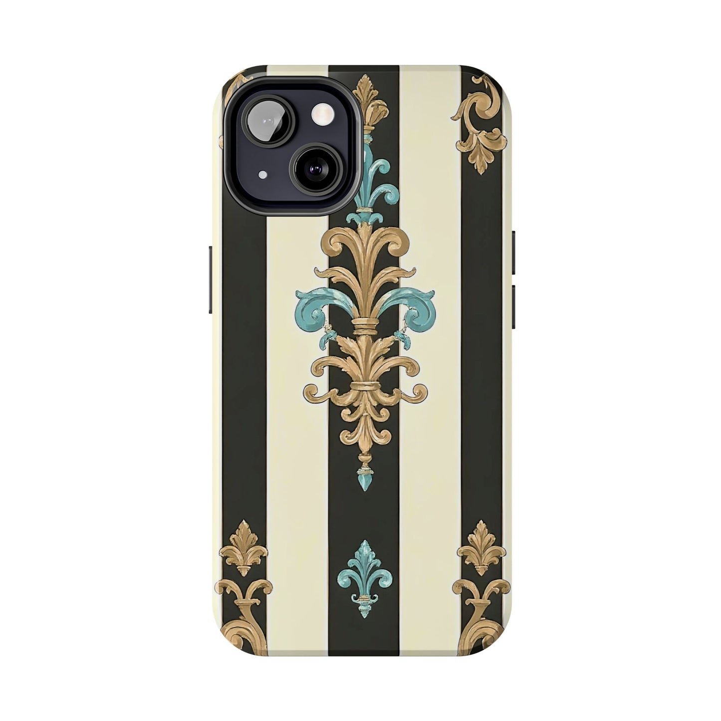 Elegant Vintage Tough Phone Cases, Stylish Phone Accessories, Quality Protection, Gifts for Her - Black Striped Turquoise & Black Rococo