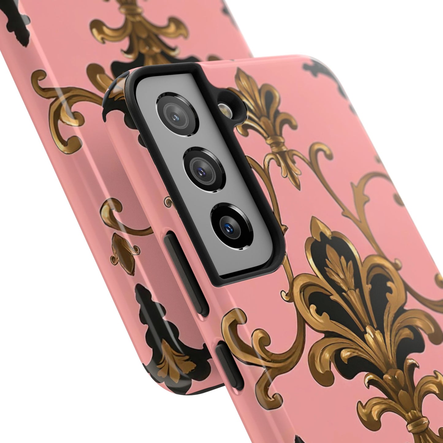 Chic Tough Phone Cases with Floral Design, Elegant Phone Cover, Durable Smartphone Case, Stylish Tech Accessory - Pink, Black & Gold Rococo