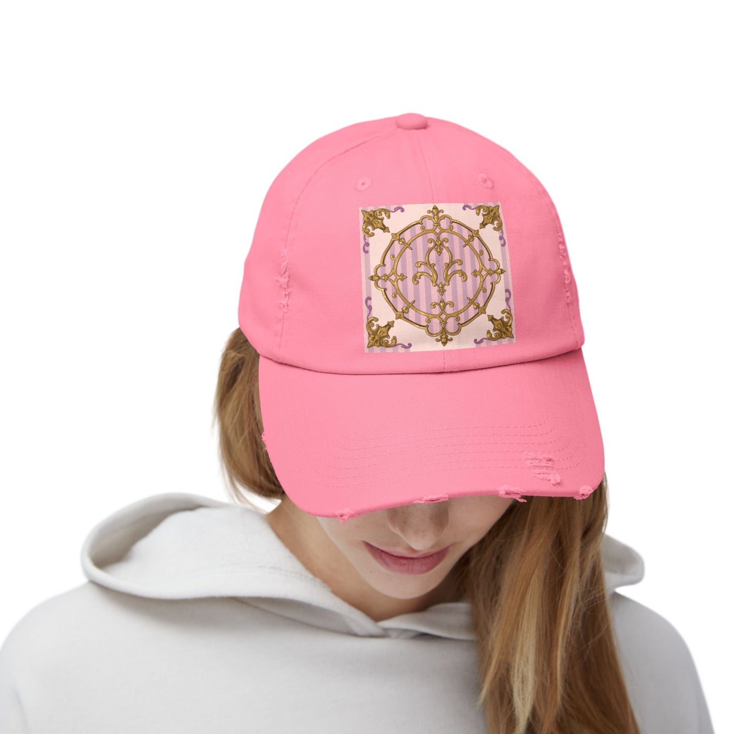 Chic Distressed Cap with Elegant Lavender & Alabaster Striped Gold Baroque Design | Casual Style, Streetwear, Gift for Her, Unique Accessory