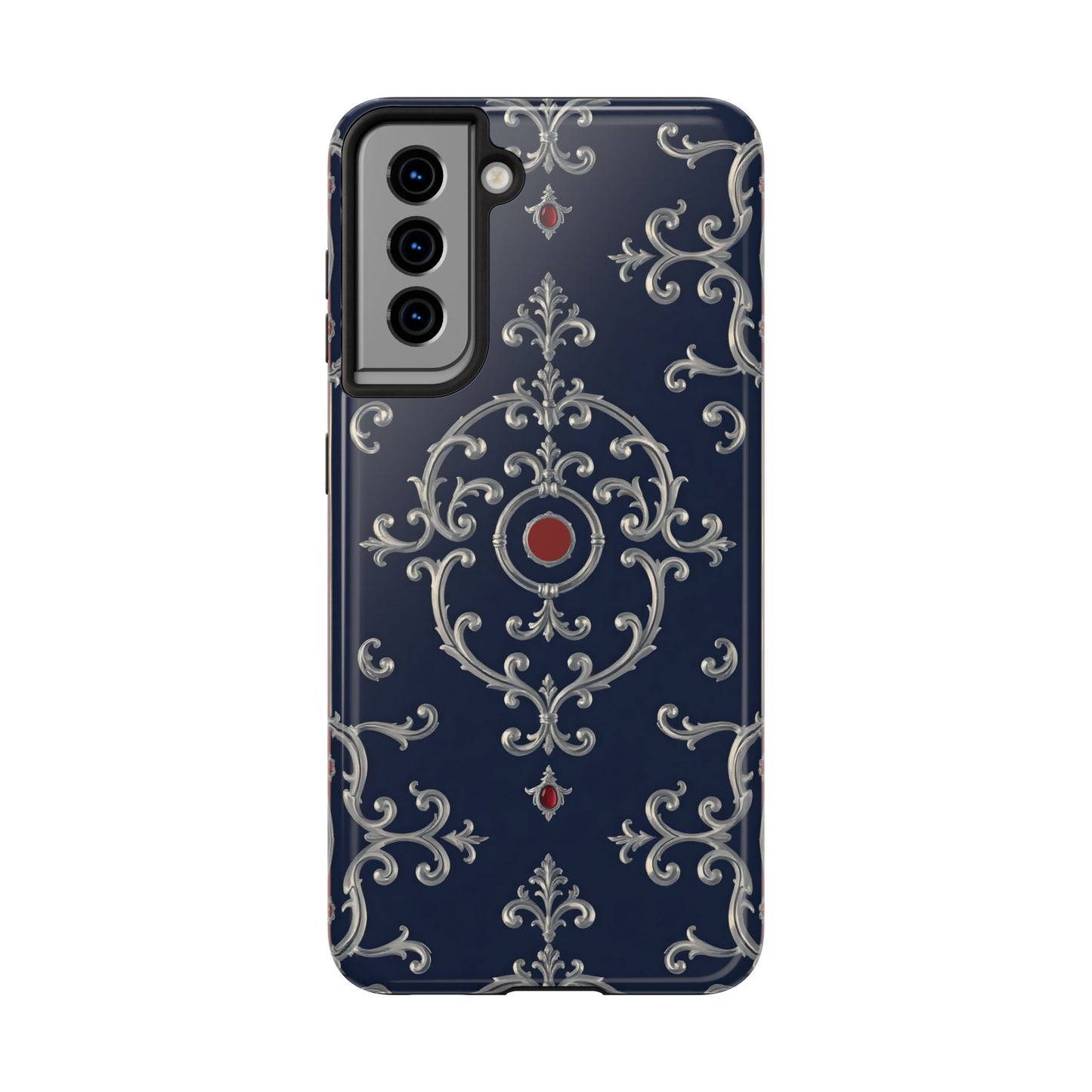 Elegant Patterned Tough Phone Cases for Stylish Protection, Gift for Her, Unique Accessories - Blue & Red Striped Silver Baroque