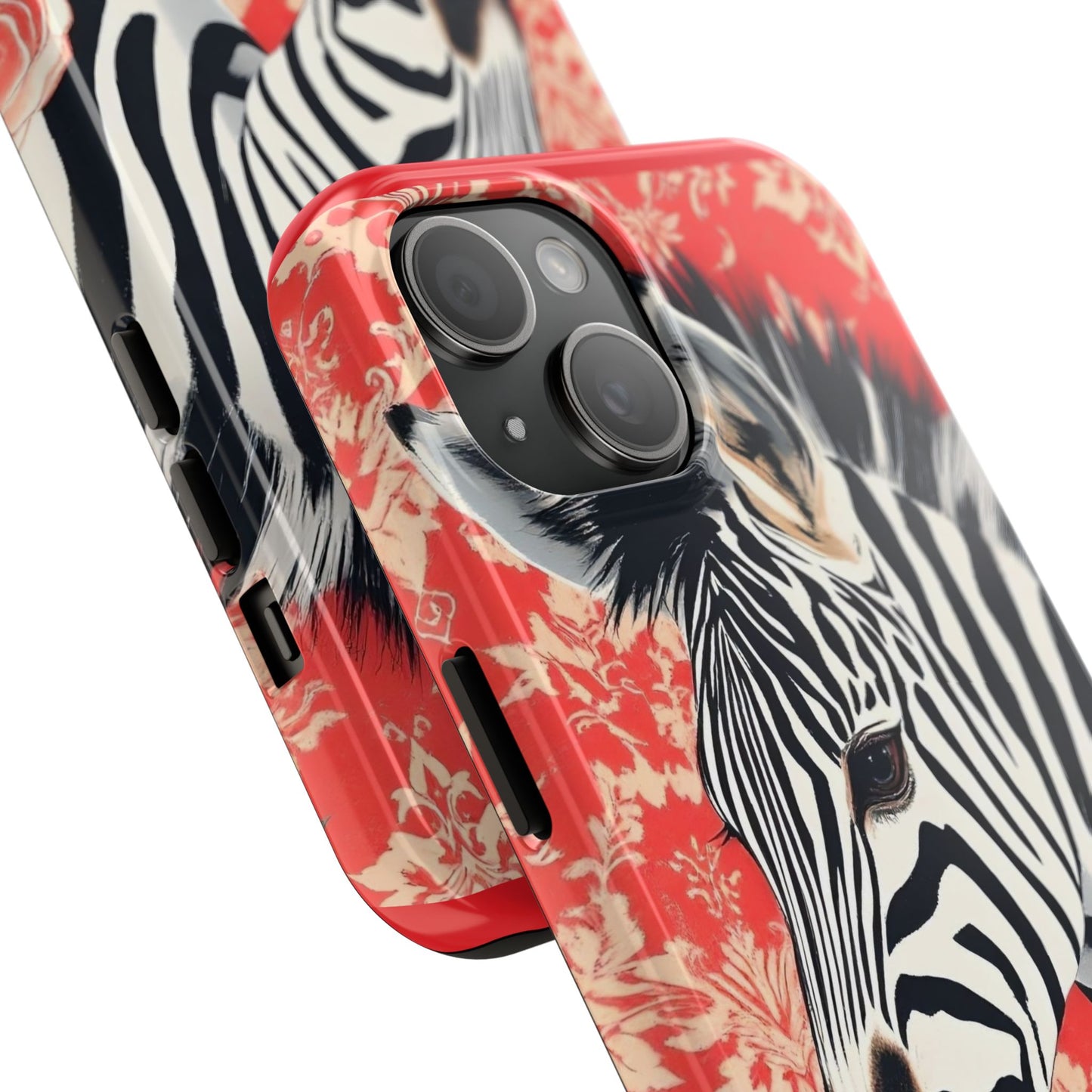 Zebra Tough Phone Case - Trendy Floral Design for Animal Lovers - Zebra With Coral Roses & Damask