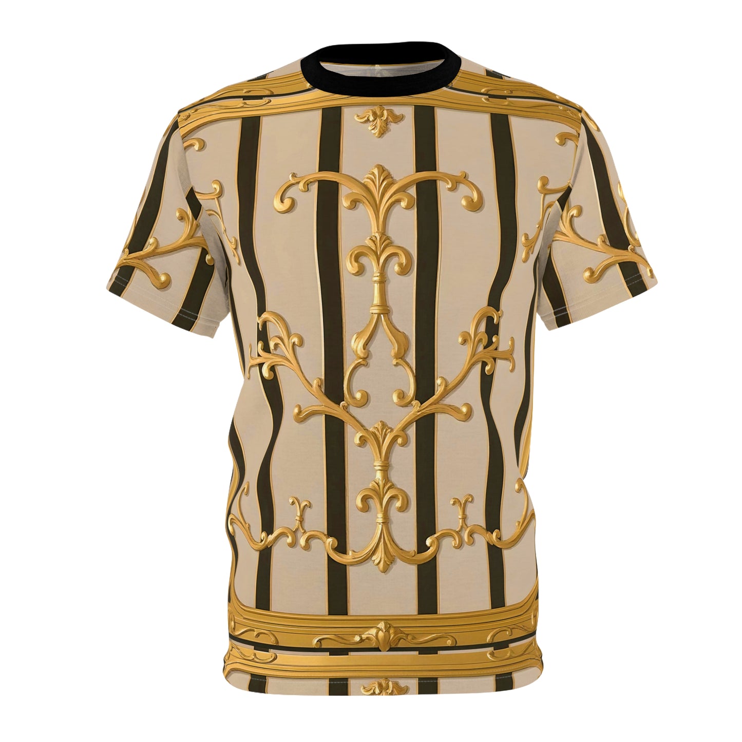 Luxurious Baroque Unisex Tee, Gold and Black Fashion Shirt for Casual Wear - Beige Striped Gold Rococo