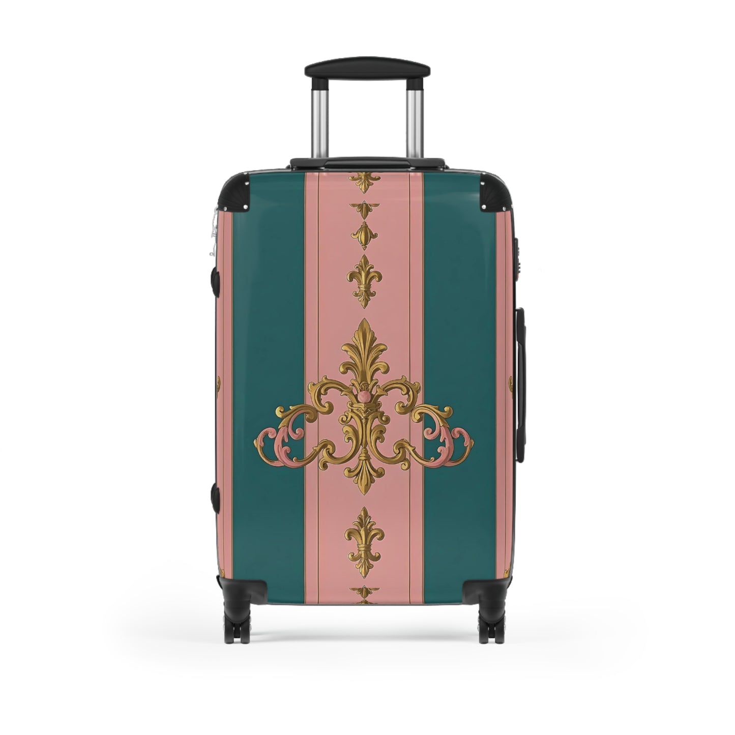 Chic Travel Suitcase, Elegant Luggage, Stylish Carry-On, Unique Glamour Bag, Trendy Vacation Case - Pink & Teal Striped Gold Baroque