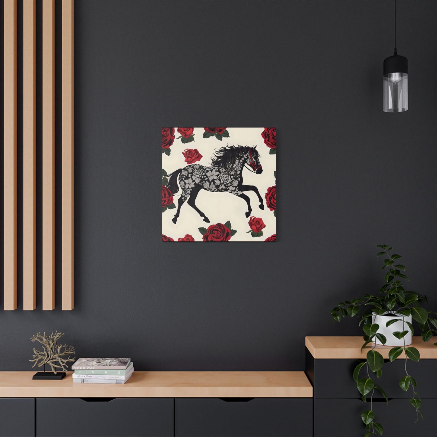 Art Print Canvas, Wall Decor, Satin Stretched Canvas, Equestrian Art, Office Decor, Home Decor - Horse & Roses