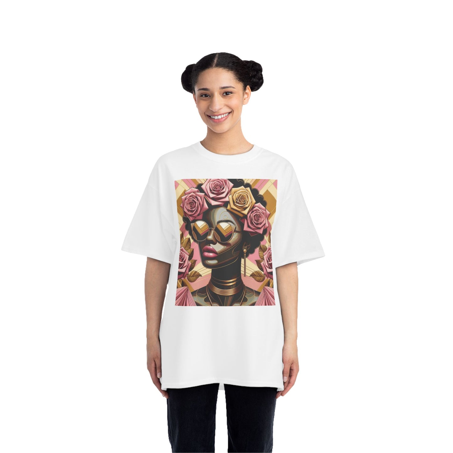 Artistic Floral Feminine T-Shirt, Stylish Tee with Mixed Media Design, Vibrant Short-Sleeve Top, Trendy Casual Wear - Pink Roses Lady