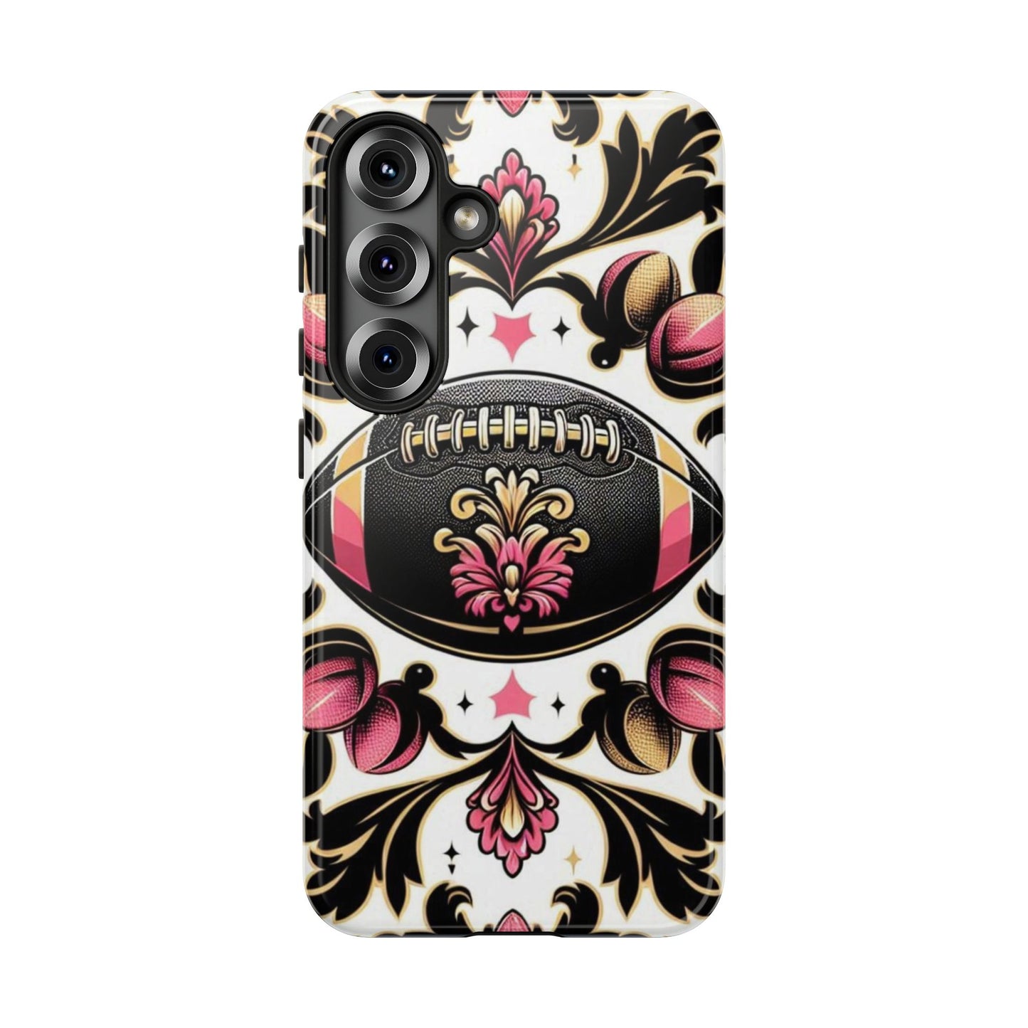 Elegant Floral Motif Phone Case - Tough Cases with Vintage Design - Damask White, Pink Gold & Black Football
