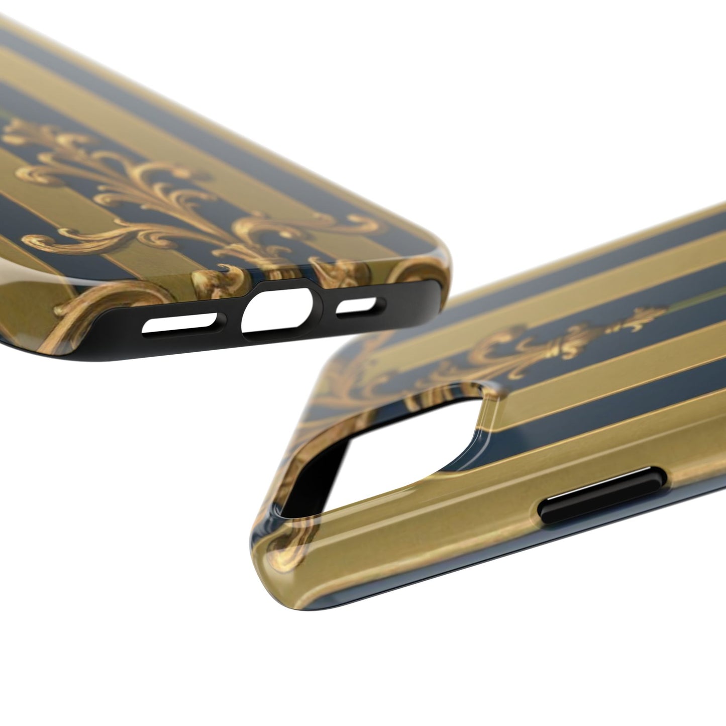 Elegant Midnight Blue & Olive Striped Gold Baroque Tough Phone Case, Phone Cover, Durable Case for Protection, Stylish Gift for Him/Her