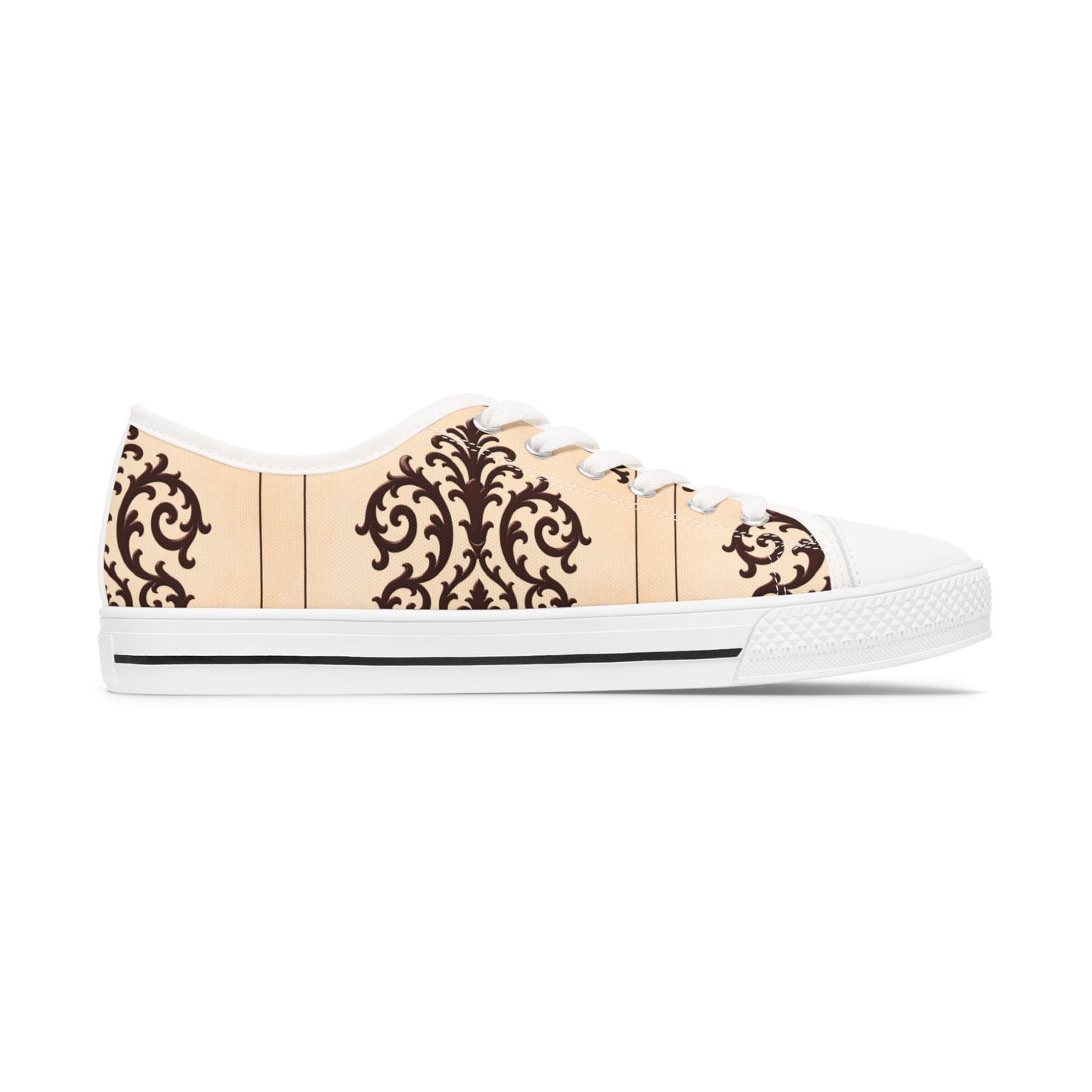 Almond-Beige & Brown Baroque Pattern Women's Low Top Sneakers — Elegant Vintage Baroque Design
