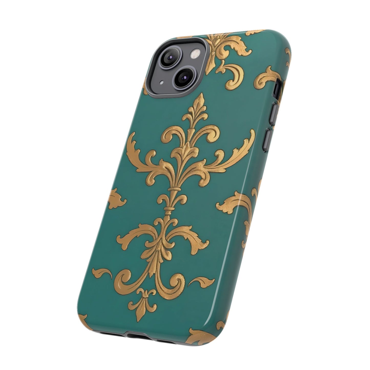Elegant Floral Motif Phone Case - Tough Cases with Vintage Design - Aqua & Gold Damask