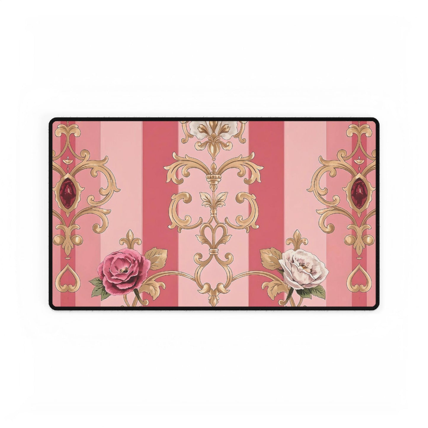 Elegant Floral Motif Desk Mat for Home Office Decor - Pink Striped Roses & Damask