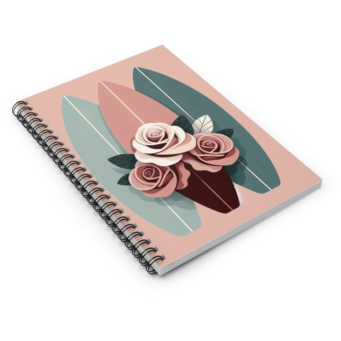 Stylish Surfing Spiral Notebook - Ruled Line with Floral Design - Burgundy, Matte Mauve & Teal Surfboard & Roses