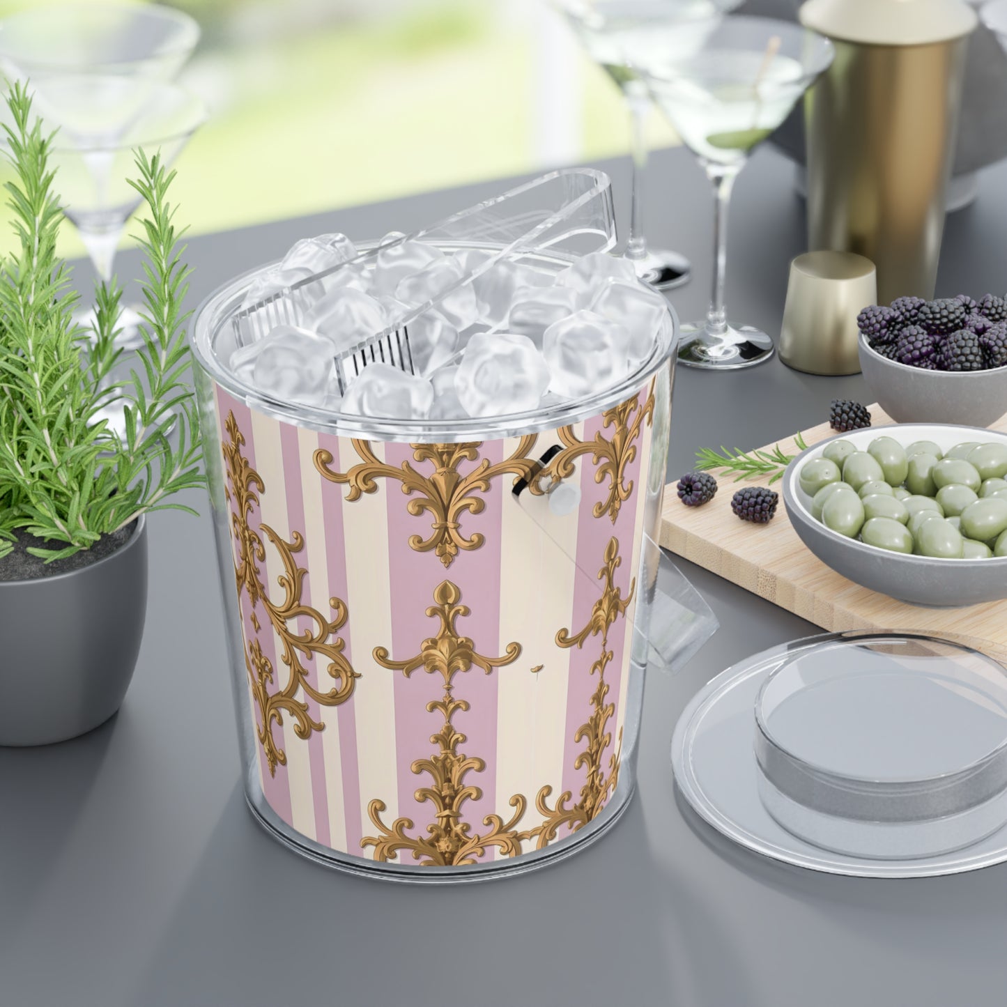 Elegant Pink Striped Ice Bucket with Tongs, Decorative Beverage Chiller, Party Essentials, Wedding Decor - Lilac & Alabaster Striped Gold Baroque