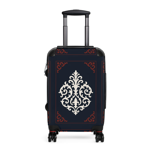 Dusk Blue-Maroon & White Baroque Carry-On Suitcase — Elegant Travel Luggage with Vintage White Medallion