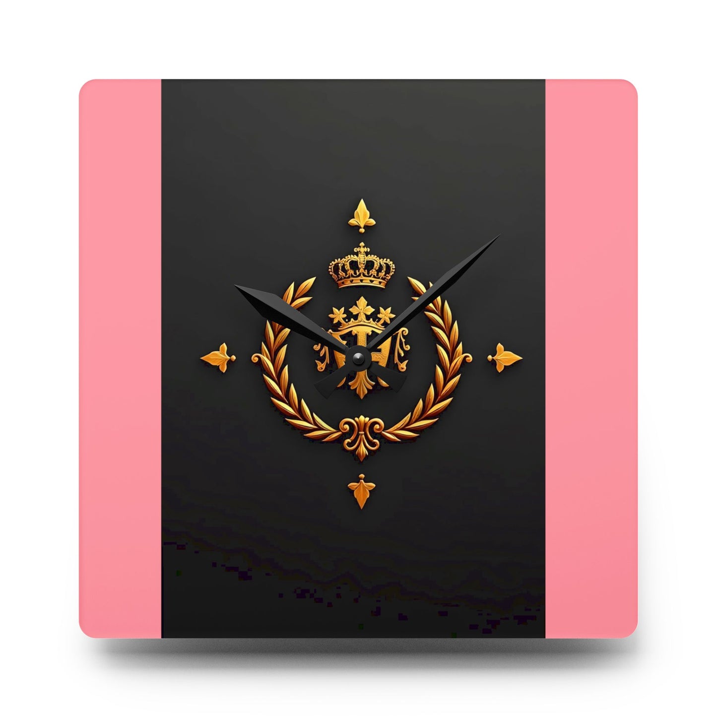 Royal Emblem Acrylic Wall Clock | Elegant Home Decor, Modern Wall Art, Gift for Her, Office Decor, Unique Timepiece - Pink Striped Gold Crest