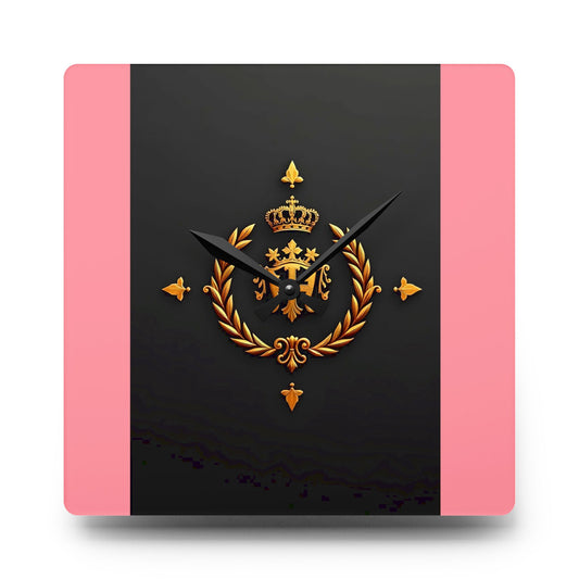 Royal Emblem Acrylic Wall Clock | Elegant Home Decor, Modern Wall Art, Gift for Her, Office Decor, Unique Timepiece - Pink Striped Gold Crest