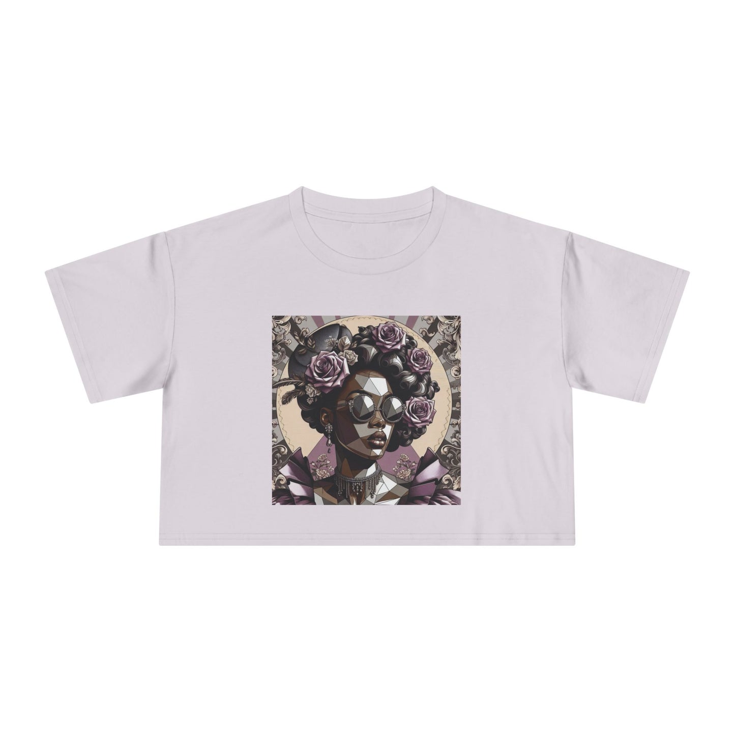 Poly Art Chic Women's Crop Tee - Floral Art Inspired Shirt, Casual Summer Wear, Festival Top, Vintage Style - Lilac Baroque Lady