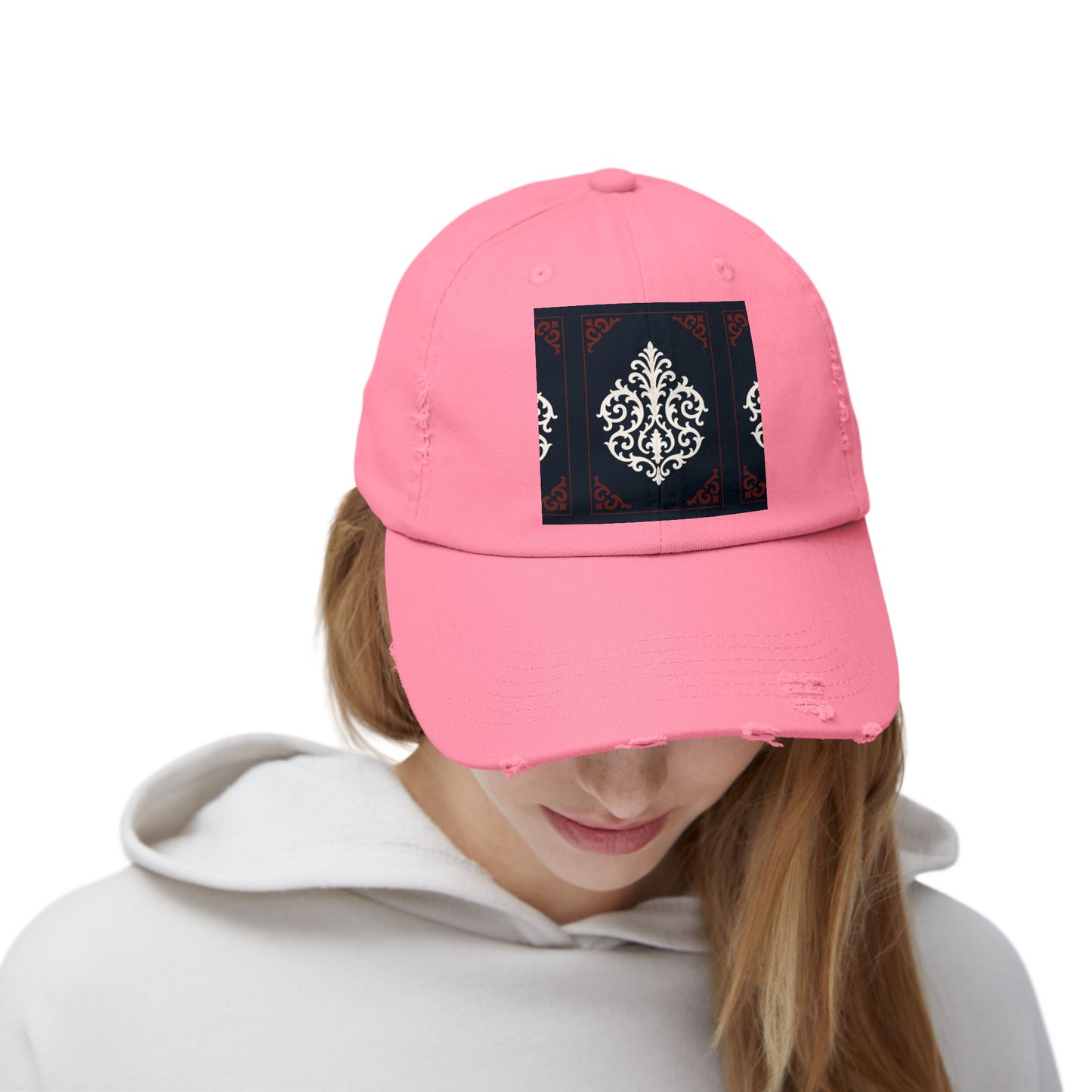 Dusk Blue & Maroon-White Baroque Distressed Cap with Ornamental Medallion Patch