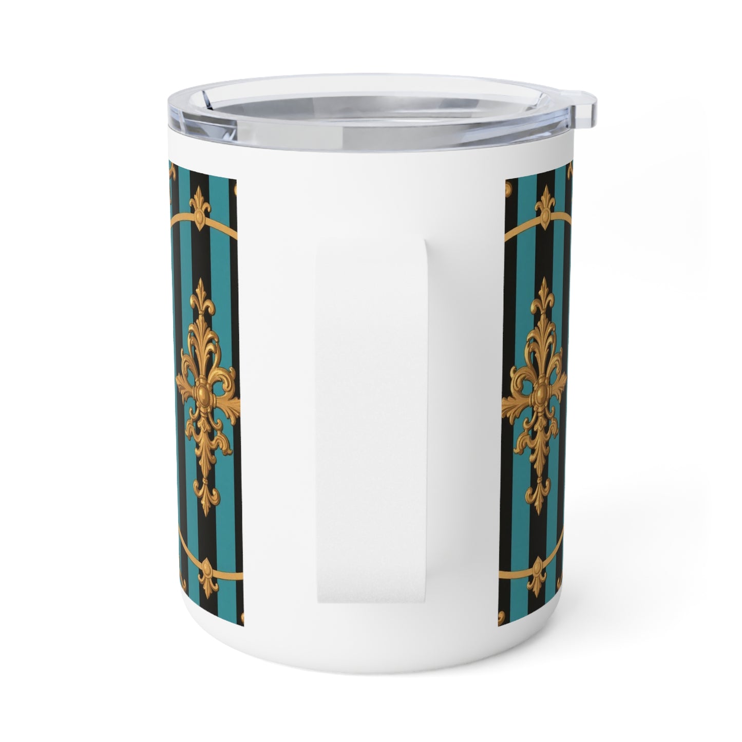 Elegant Turquoise & Black Striped Gold Baroque Insulated Coffee Mug, 10oz - Vintage Design for Coffee Lovers, Perfect Gift for Birthdays
