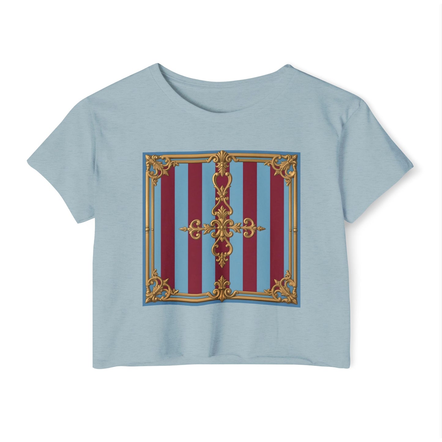 Women's Baroque Festival Crop Top, Summer Crop Tee, Casual Festival Wear, Concert Top, Eco-Friendly Fashion - Sky Blue & Maroon Striped Baroque